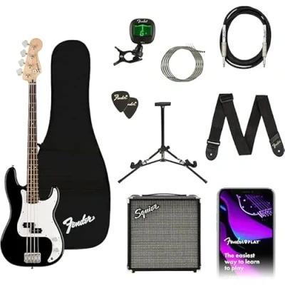 Immagine di Squier by Fender Affinity Series Precision, Basso Elettrico, Set che Include un con Tastiera in Acero, Nero, una Borsa per il Trasporto e Amplificatore da 15W, lezioni virtuali gratuite su Play