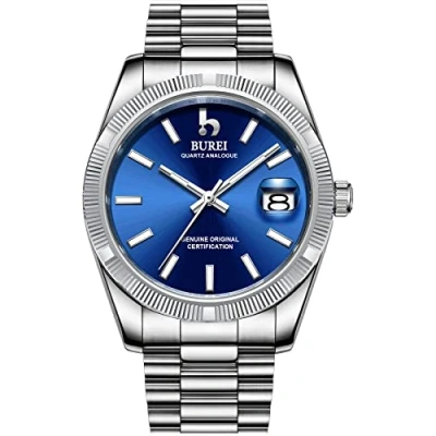 Immagine di BUREI quarzo uomo orologi di analogico data orologio da polso in vetro zaffiro con lente a due toni acciaio inox banda (argento+blu)