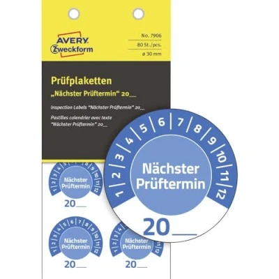 Immagine di AVERY Zweckform 80 targhette di prova, data prova 20 x (con l&#039;anno da inserire autonomamente, resistenti, autoadesive, Ø 30 mm, adesivo sigillo in vinile) 7906 blu