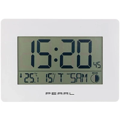 Immagine di Pearl Digitale orologio da parete radiocontrollato: radio con tempo jumbo, Visualizzazione della temperatura e data, bianca (LCD grande)