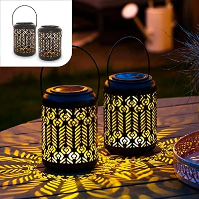 Immagine di Gadgy Lanterne Solari Da Esterno Set Di 2 Lanterna Decorativa Giardino Illuminazione A LED Metallo Nero E Oro Solar Lamp con Design del Pavone