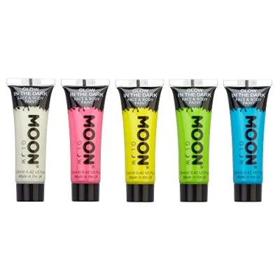 Immagine di Moon Glow Pittura per viso e corpo che si illumina al buio Fosforescente Charge to Portachiavi UV incluso, Set di 5, 12 ml (confezione da 5)
