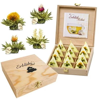 Immagine di Creano Fiori di Tè Tèlini in un formato Tazza Set regalo una Scatola da legno 12 Fior 4 Tipi diversi bianco