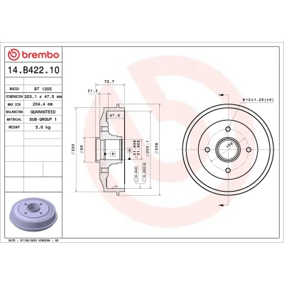 Immagine di BREMBO 14.B422.10 Freni a Tamburo con kit cuscinetto ruota 203,1 CITROËN: C3 II, DS3 Hatchback, C4 II Cactus, PEUGEOT: 208 I Hatchback