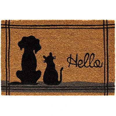 Immagine di tappetino in cocco per interni ed esterni, fibra di cocco, 40 x 60 cm, con scritta Hello e gatto come divertente la pulizia, porta casa, corridoio, giardino