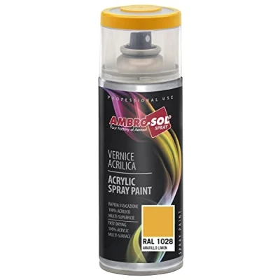 Immagine di Ambro Sol V4001028 Smalto Acrilico Multiuso, Vernice Brillante per Interni ed Esterni, Adatto Qualsiasi Tipo di Materiale, Bomboletta Spray in Banda Stagnata Riciclabile da 400 ml, Giallo Limone