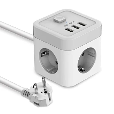 Immagine di JSVER Multipresa Cubo USB, Presa Multipla 3 vie (3680W 16A) con Interruttore, da Tavolo caricatori USB (15,5 W) per ufficio, casa o in viaggio Cavo 1,5 m(grigio bianco)
