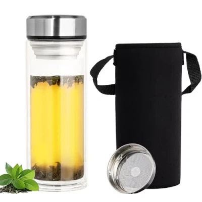 Immagine di BELLE VOUS Borraccia con Infusore Bottiglia in Vetro Borosilicato 900 ml Filtro e Tappo a Vite Doppia Parete per Tè Foglie Tisane Custodia Neoprene
