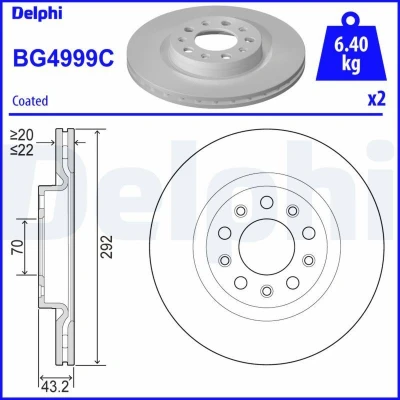 Immagine di DELPHI BG4999C Disco freno 292 22 5 ventilato, perforato/ventilazione interna rivestito non trattato senza cuscinetto ruota, anello sensore ABS