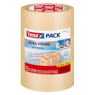 Immagine di tesapack Ultra Forte, Nastro Adesivo d&#039;Imballaggio in PVC Solido e Sicuro, Transparent, 3x 66 m x 50 mm