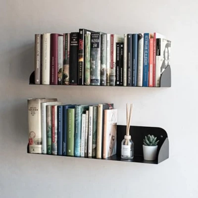 Immagine di MILUKA Set 2 Mensole da Muro Design Moderne 60 cm Libreria Scaffale Metallo Nera Parete Sospesa per Libri, Camaretta Bambina e Cucina (2, Nero)
