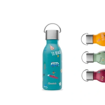Immagine di QWETCH Borraccia termica per bambini, 350 ml Kids Honolulu Blu (tappo classico) in acciaio inox 24 ore freddo e 12 calda Impermeabile senza BPA quotidiana