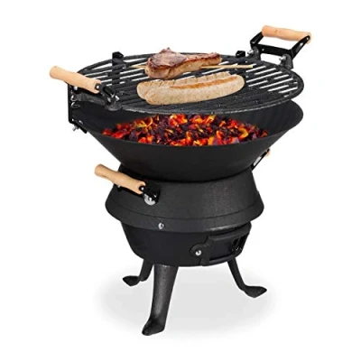Immagine di Relaxdays Grill a Sfera in Ghisa, Barbecue Regolabile Altezza, Ventilato, Carbonella Legno, HLP 40x45x36cm, Nero