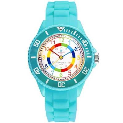 Immagine di Alienwork Kids Orologio di Apprendimento bambini Ragazze Turchese Bracciale in Silicone Multicolore Impermeabile 5 ATM Tempo