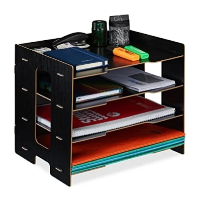 Immagine di Relaxdays Organizer da Scrivania con Portadocumenti, 3 Scomparti A4, HLP: 27x31,5x24 cm, Portalettere in MDF, Nero, 100% Fibra di Legno