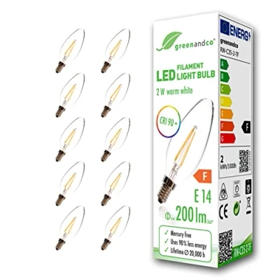 Immagine di greenandco 10x Lampadina a filamento LED IRC 90+ E14 2W (equivalente 20W) 200lm 2700K (bianco caldo) 360 230V AC Vetro, forma de vela, nessun sfarfallio, non dimmerabile