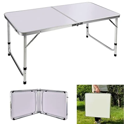 Immagine di tavolo pieghevole in alluminio da 1,2 m, portatile, pieghevole, picnic campeggio, 3 regolabili altezza, leggero, rettangolare, per giardino, picnic, pranzo bianco,