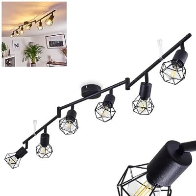 Immagine di lampada da soffitto Baripada, faretto a 6 luci in metallo nero, retrò, x E14, le teste delle lampade possono essere ruotate e orientate, senza lampadina/e