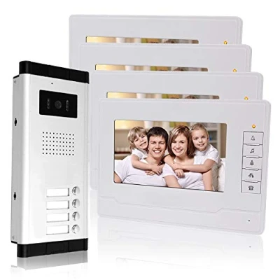 Immagine di Kadongli KDL Sistema telefonico per campanello video da 7 pollici, 4 monitor con 1 telecamera esterna quattro pulsanti di chiamata, visione notturna IR, audio appartamenti multipli/famiglie