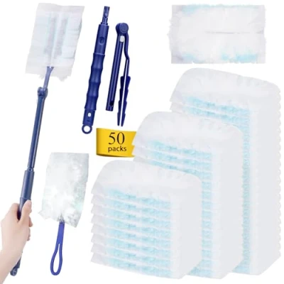 Immagine di 52 Pezzi Ricariche Compatibile con Swiffer Duster, Piumini Cattura Polvere 1 Manico, Manici Telescopici, Spolverini Usa e Getta Intrappola