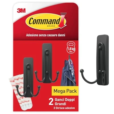 Immagine di Command Gancio Adesivo Doppio Nero Grande, 2 Ganci e 3 Strisce Appendi Abiti, Cappelli, Sciarpe, Borse Altro da Parete o Porta senza Chiodi