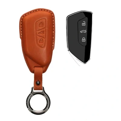 Immagine di kwmobile Custodia Chiavi Vera Pelle Compatibile con VW Golf 8 3 tasti Car Key Case Anello Portachiavi Accessori Auto marrone