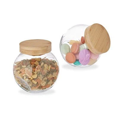 Immagine di Relaxdays Set 2 Barattoli in Vetro con Coperchio, Tappo a Vite bambù, 1,5 L, Contenitori per Caramelle, Trasparente, 80% 10% plastica