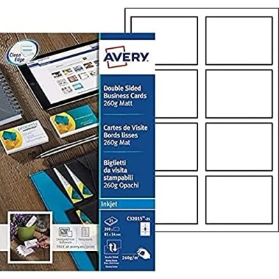 Immagine di Avery Zweckform C32015 25 Biglietti da visita stampabili, bordi lisci 85 x 54 mm Bianco 200 pz. Formato carta: DIN A4