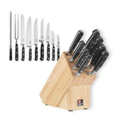 Immagine di Richardson Sheffield V SABATIER Ceppo portacoltelli con coltelli, 10 pezzi, lama affilata, acciaio al cromo molibdeno vanadio, blocco di legno massiccio, design alta qualità e bello