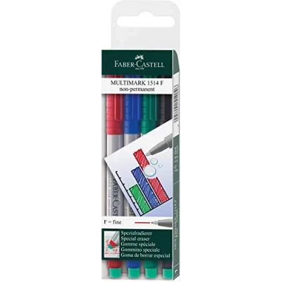 Immagine di Faber Castell 151404 Pennarello Multimark, non permanente, spessore F, 4 pezzi in custodia, 1 rosso, blu, verde, nero