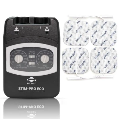 Immagine di Dispositivo TENS a 2 canali STIM PRO ECO manuale compatto e potente per la terapia del dolore con 4 elettrodi da 5x5 cm parametri regolabili axion
