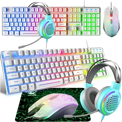 Immagine di Tastiera Auricolare e Mouse da Gioco, Retroilluminazione Arcobaleno LED Cuffie RGB Nido D&#039;ape 7.1 Canali 2400 DPI Tappetino per PS4 XBox(necessario adattatore) Bianca