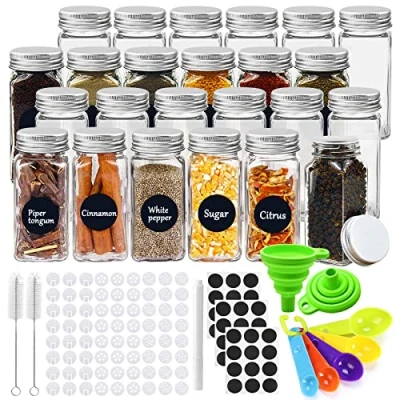 Immagine di JOYBOY 24pcs Barattoli Spezie, Portaspezie per Cucina,Trasparente Vasetti,Contenitori con Etichette,2 Imbuto in Silicone