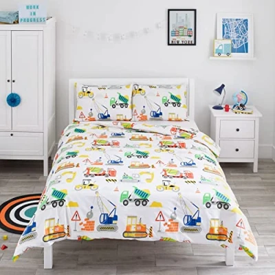 Immagine di Bloomsbury Mill Set Copripiumino Piazza e Mezza Escavatrici, Camion Gru Lenzuola Letto Reversibile Per Ragazzi/Ragazee Di Biancheria Da Bambini 200 x 200cm 2 Federe