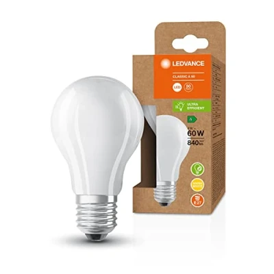 Immagine di LEDVANCE Lampada a risparmio energetico, lampadina in vetro smerigliato, E27, bianco caldo (3000K), 4 watt, sostituisce la da 60W, altamente efficiente, confezione 6