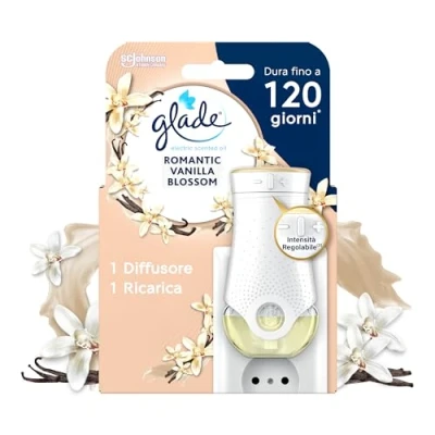 Immagine di Glade Profumatore per ambienti con Oli Essenziali, Fragranza Romantic Vanilla Blossom, Confezione da 1 Diffusore Elettrico + Ricarica, 20 ml