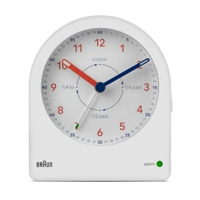 Immagine di Braun Sveglia didatticoda analogica funzione snooze e retroilluminazione continua, movimento silenzioso al quarzo, quadrante facile da leggere, suoneria incrementale, bianca, modello BC22TW.