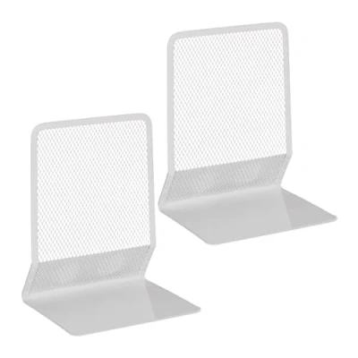 Immagine di Relaxdays Set da 2 Fermalibri per Mensole, Supporti Libri, DVD, Reggilibri a Rete in Acciaio, HLP 17x13,5x10,5 cm, Bianco