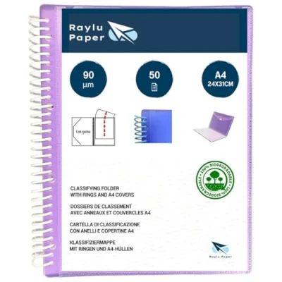 Immagine di Raylu Paper® Cartella classificatrice con anelli trasparenti A4 da 90 micron e busta chiusura in velcro, coperchio personalizzabile. di buste 100% biodegradabile (50 custodie, viola)