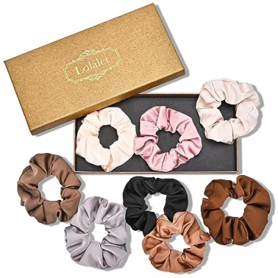 Immagine di Lolalet Scrunchies per Capelli Fasce Elastiche in Morbido Raso Dormire, Porta Coda di Cavallo Accessori Adolescenti Ricci Sottili 8 Pezzi, Stile A Taglia L