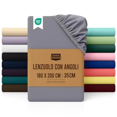 Immagine di Utopia Bedding Lenzuolo con Angoli Due Piazze Matrimoniale 180x200cm Grigio Microfibra di Poliestere Spazzolato Sotto Elasticizzato