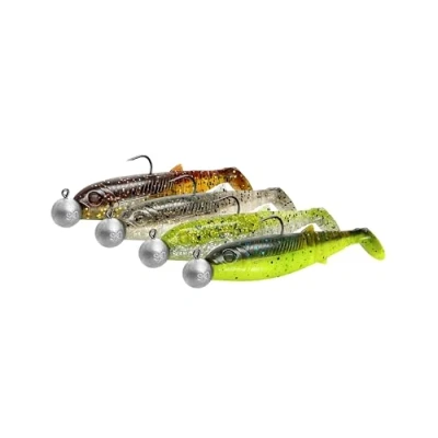 Immagine di Savage Gear Cannibal Shad Mix 4 pesci in gomma montati, colore: Clear Water Mix, peso/lunghezza/dimensione gancio: 9 g + 10 cm misura 3/0