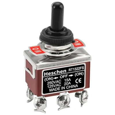Immagine di Heschen Interruttore a levetta in metallo, RT1322FS, DPDT, tipo momentaneo, (ON)/OFF/(ON) 3 posizioni, 15A 250VAC, con copertura impermeabile, CE