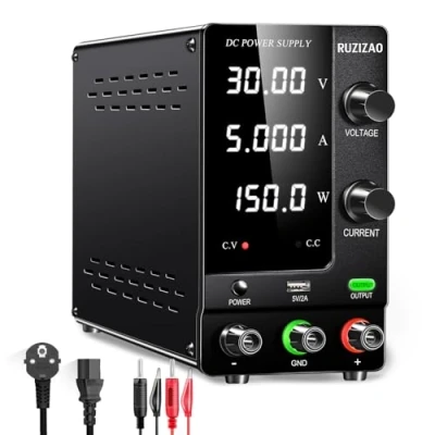 Immagine di RUZIZAO Alimentatore da Banco 30V 5A, Laboratorio con Encoder di Precisione e Interruttore Uscita, Regolabile Display LED a 4 Cifre Porta USB 5V/2A