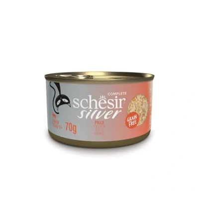 Immagine di Schesir Silver, Gusto Pollo in brodo, Cibo Umido Completo per gatti anziani (Lattine 12 da 70g)