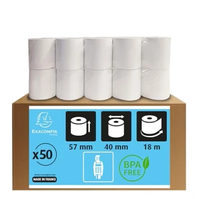 Immagine di Exacompta 40339E Scatola da 50 bobine per biglietti di carte credito 57x40 mm, 1 piega termica 55g / m2 senza BPA, Lunghezza (+ o 2 m): 18 m