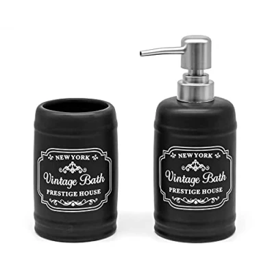 Immagine di Inbagno Set Accessori Bagno in Ceramica Nera con Stampe a Contrasto Bianche, Stile Vintage, Completo di Dispenser Sapone e portaspazzolini