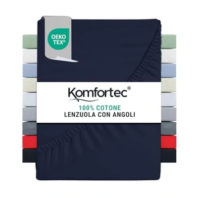 Immagine di Komfortec Lenzuolo con angoli elasticizzati in jersey, 180 x 200 cm, 100% cotone, Blu
