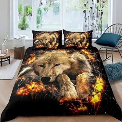 Immagine di Loussiesd Set di biancheria da letto con copripiumino e federe, motivo: lupo fuoco, per bambini, ragazzi uomini, in microfibra, 2 3 pezzi, super king size