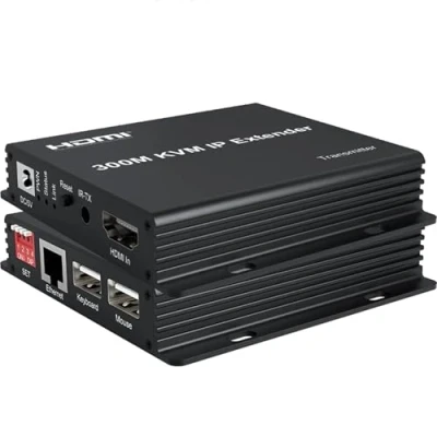 Immagine di 300M IP HDMI KVM extender, extender su RJ45 Cat6 cavo Ethernet 1080p multipoint Connect network switch supporto PC DVR TV mouse tastiera (KVM Extender)